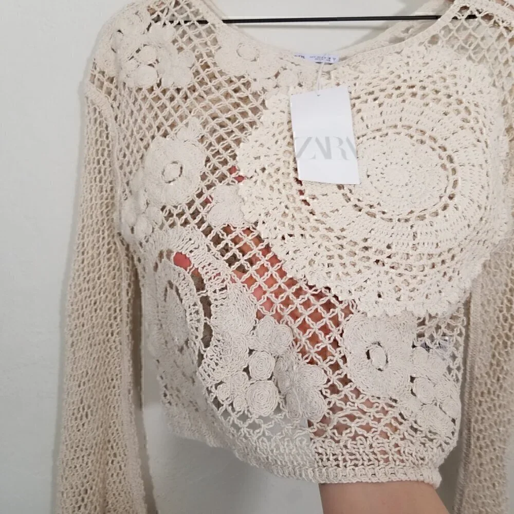 Zara Crochet Long Sleeve Cropped Top Cream Size S - Picture 2 of 6